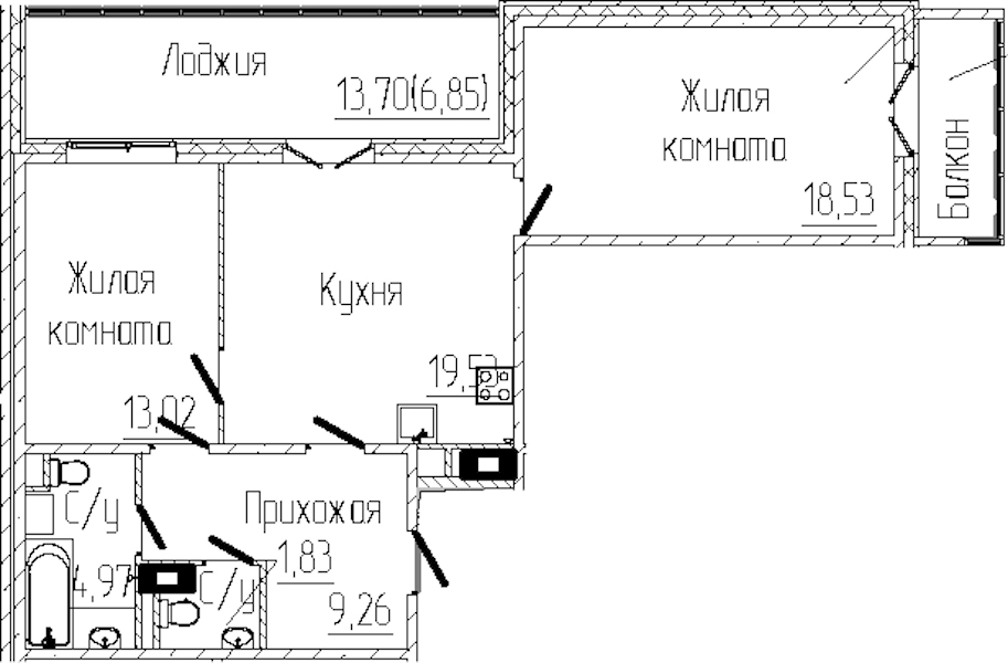 2-комнатная квартира 75.15 м², 7/8 эт., ЖК «SERTOLOVO PARK»